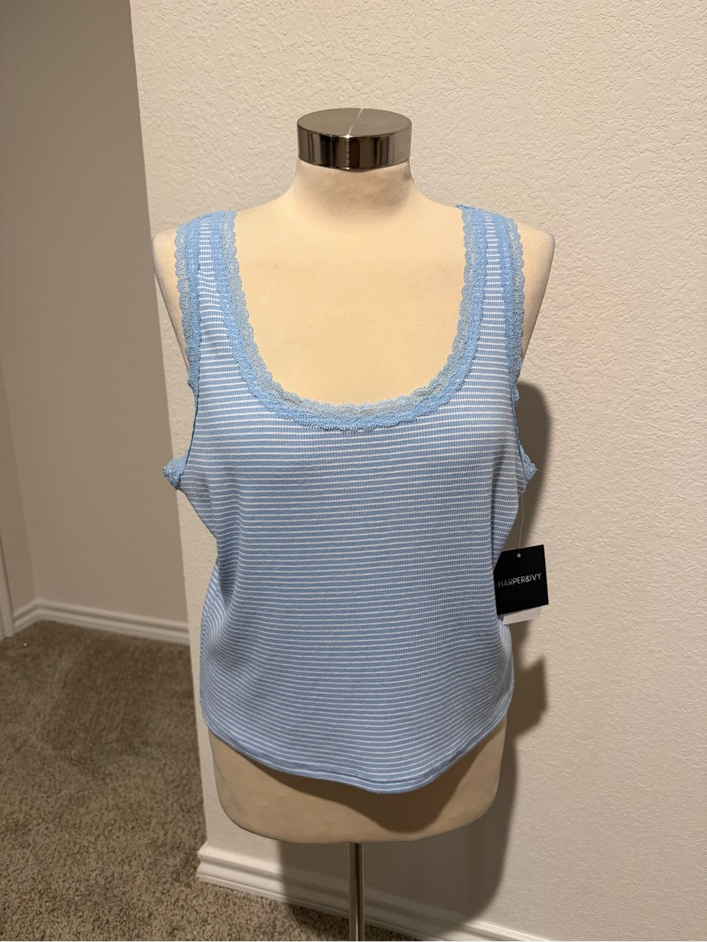 Light Blue Striped Lace-Trim Tank